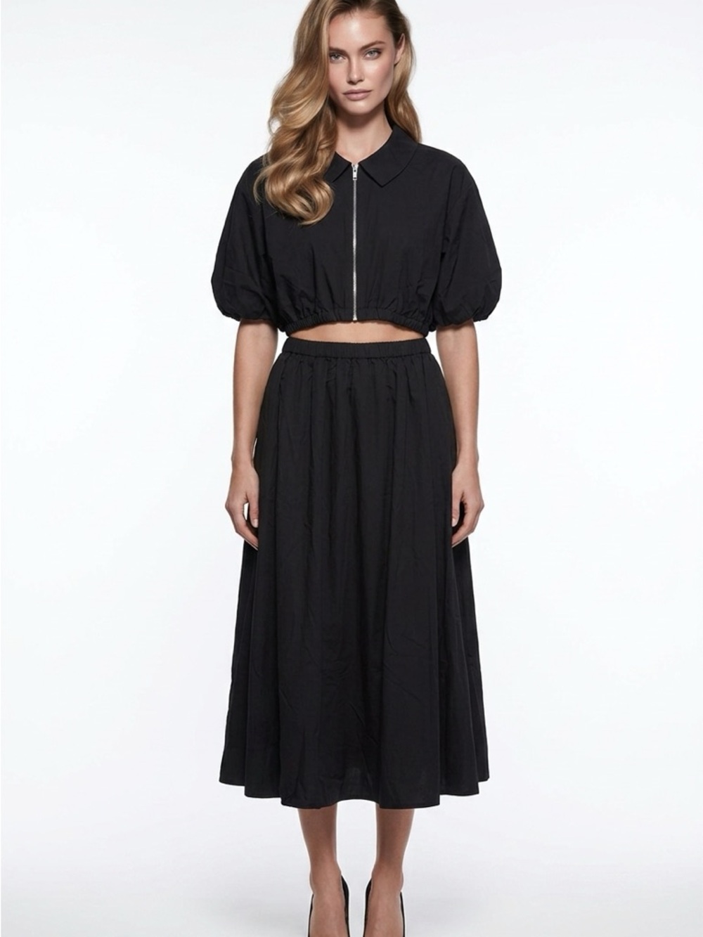 Cropped Zip-Front Skirt Set in Black